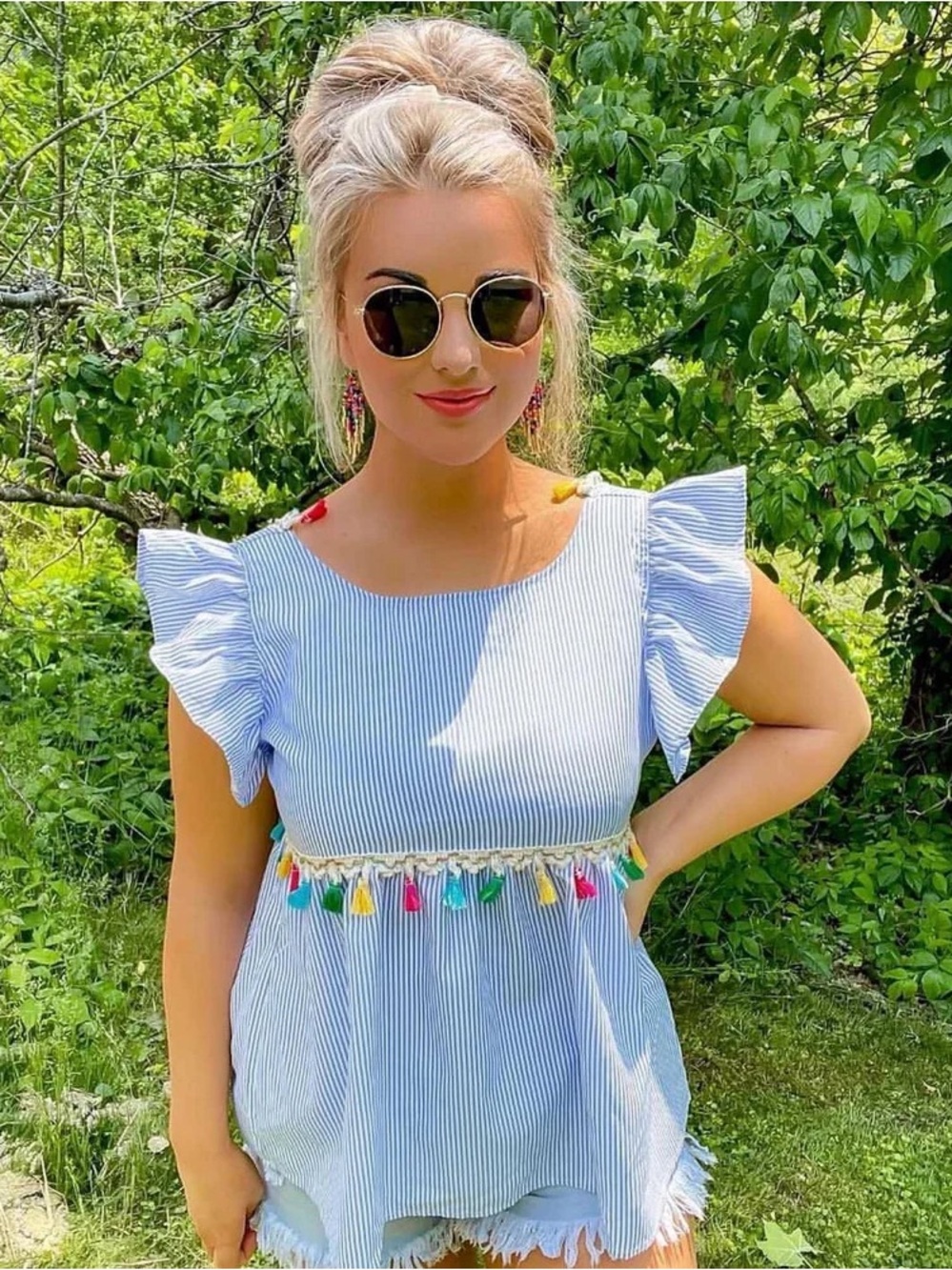 SHEIN Blue Seersucker Pinstripe Ruffle Sleeve Tank Top w/ Multicolor Tassels